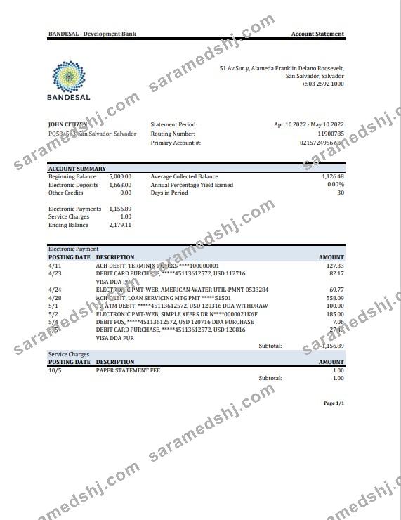 Salvador Bandesal bank statement, Excel and PDF template
